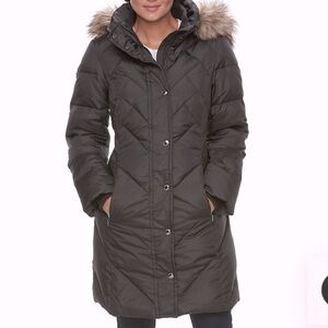Anne Klein Down Puffer Coat Faux Fur Hood Black Sz S